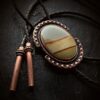 Picture Jasper Stone Bolo Tie artisan copper bola Black Brown Leather South Western Men Women Cowboy Wedding Vegan Scenic beige desert gemstone Agate Crystal Gifts for Him Groom Anniversary western goth menswear accessories metal smith fine jewelry